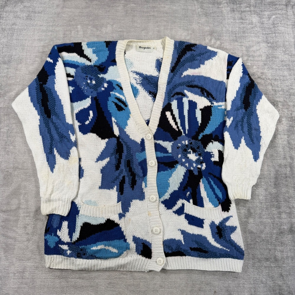 Magnolia Sweater Women Medium White Vintage Floral Cardigan Cotton Chunky Knit